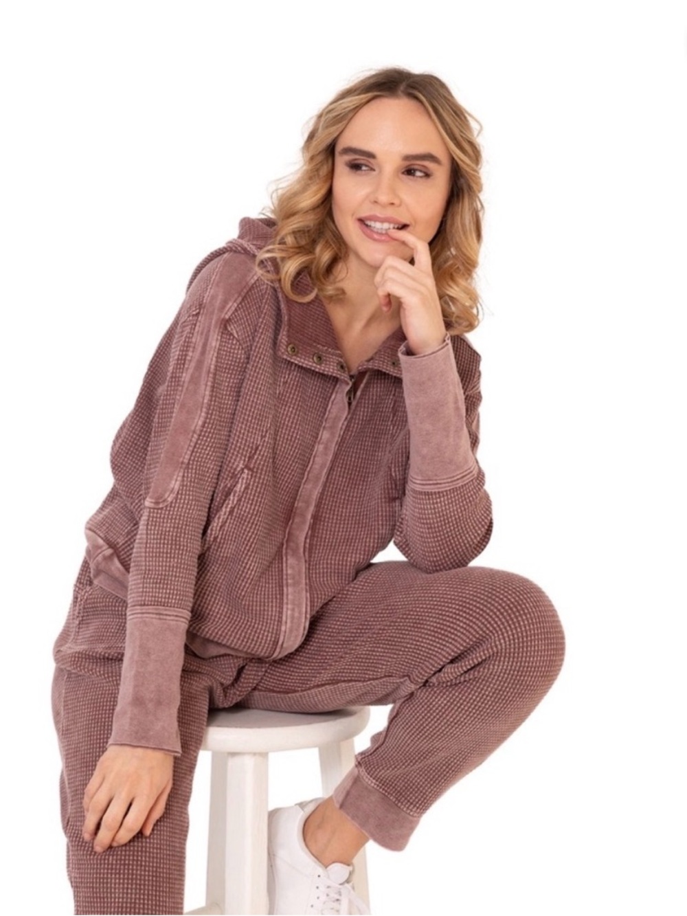 Hard Tail Forever Zip Up Hoodie Waffle Knit 2-piece Jogger Set. Cream. Size Med